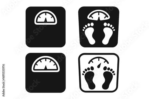 Set of bathroom scale icons for weight management. Vector illustration for diet, health and fitness concepts. Body mass measurement symbol. Flat black and white design.