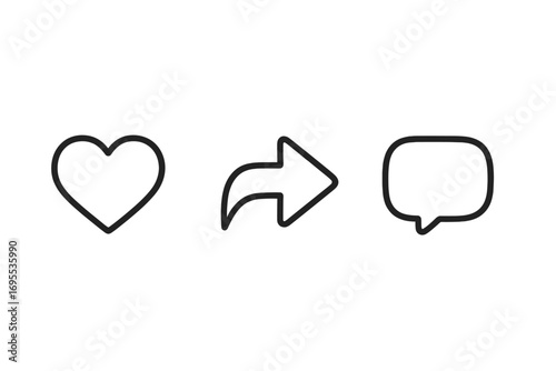 Minimalist social media icon set with heart, share arrow, and speech bubble, vector cartoon illustration, transparent background, ordered design for digital communication and engagement concepts