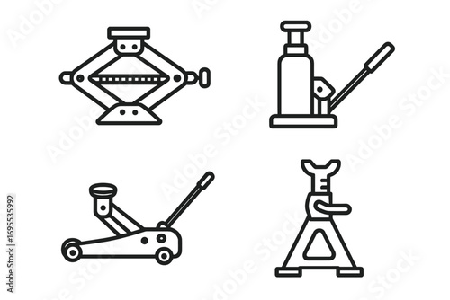 Car jack line icon set. Tools for vehicle repair and maintenance. Vector graphic of scissor jack, hydraulic bottle jack, floor jack, and jack stand for garage service work.