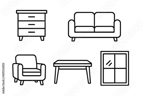 Furniture line icon set. Home interior design elements. Outline pictogram collection for web, app. Couch, sofa, armchair, table, dresser, window vector symbols. Minimal flat logo.