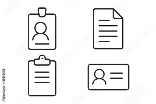 Employee badge, ID card, document line icon set. Office identity, personal data, human resources pictogram. Vector for workforce management, user profile, staff pass design.