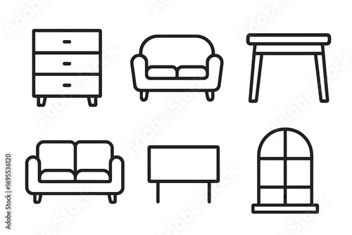 Furniture line icon set. Modern minimalist collection for interior design, web, apps. Vector outline symbols of couch, sofa, table, dresser, window for home decor graphics.