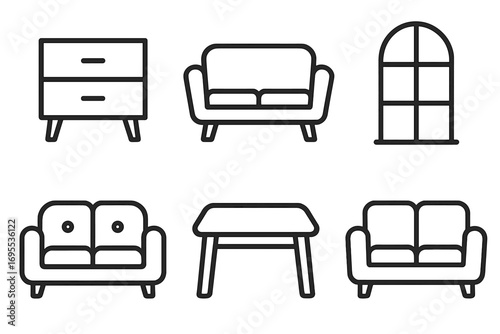 Furniture line icon set. Home interior design elements. Outline pictogram collection for web, app, UI, UX. Sofa, couch, table, window, dresser linear symbols. Vector pack.