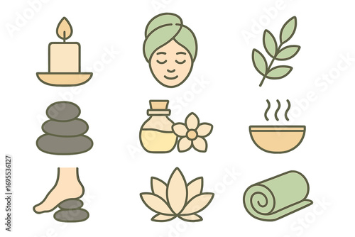 Minimalist spa icons set with wellness symbols and relaxation elements, including candle, massage stones, essential oil, lotus flower, herbal leaf, foot spa, and yoga mat, vector cartoon illustration