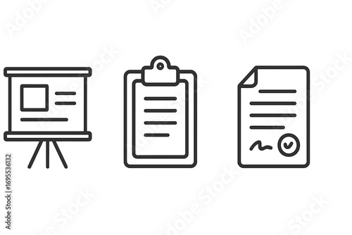 Business documents line icon set. Contains presentation board, clipboard checklist, and signed contract. Office workflow, agreement, report, and task management vector symbols.