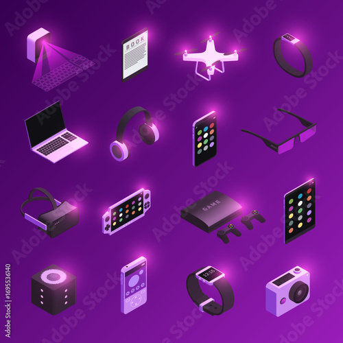 Innovative electronic technology gadgets isometric icons set with virtual reality