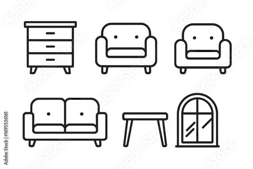 Furniture line icon set. Home interior thin linear icons. Outline collection for web, app. Contains symbols of armchair, sofa, couch, dresser, table, window. Vector pictogram.