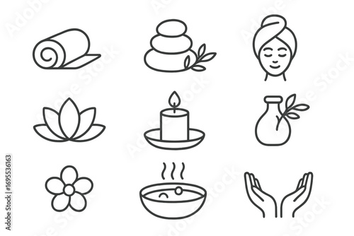 Minimalist Spa Icons Set with Wellness and Relaxation Symbols, Massage Stones, Candle, Lotus Flower, Aromatherapy Bottle, Hot Bath, and Healing Hands Vector Illustration