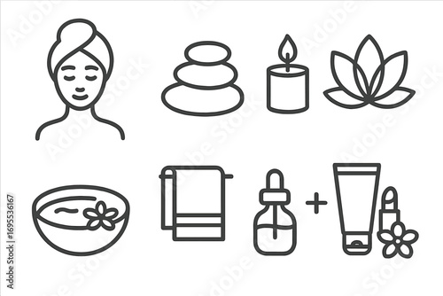 Minimalist spa icons set wellness relaxation beauty essentials self-care vector cartoon illustration spa stones candle lotus flowers towel serum cream and lipstick for skincare