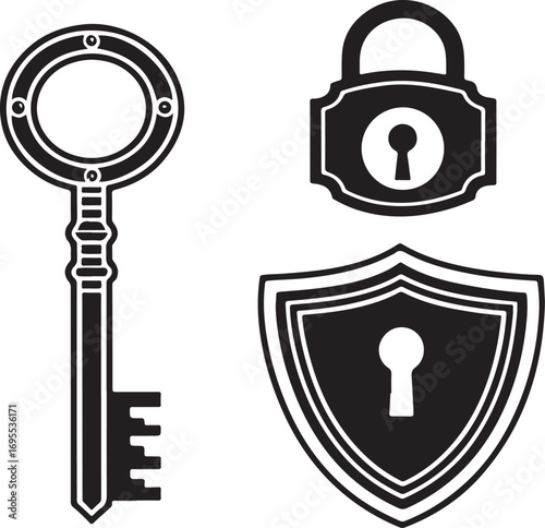 Key, Lock and Shield Icons for Security