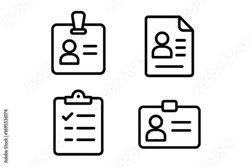Employee ID card, resume and clipboard icon set. Line icons for staff identification, job application, HR documents and personal data. Vector badge, pass and checklist symbols.