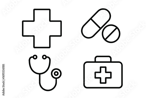 Health care line icon set for modern design. Medical bundle for web, apps, cards. Vector collection includes linear images of medical cross, pills, stethoscope, first aid kit.