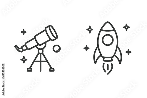 Minimalist space vector icons with telescope and rocket in linear cartoon style. Astronomy, space exploration, cosmic, rocket launch, stargazing, telescope silhouette, simple line art set