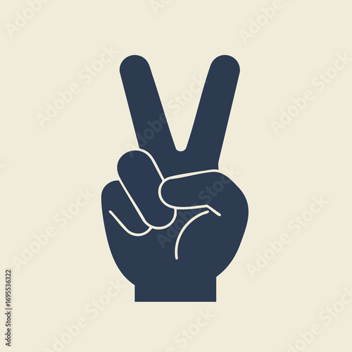 A dark blue silhouette of a hand making the peace sign with two fingers extended upwards against a pale beige background.