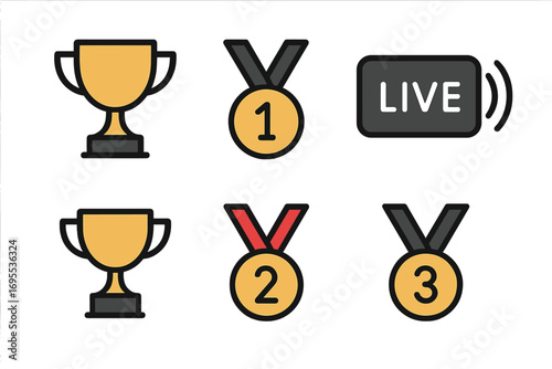 Minimalist sports icons set with trophies medals live stream symbols vector cartoon collection transparent background ordered design winner achievement competition award concept