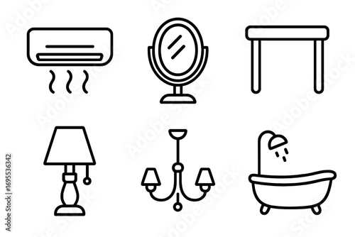 Interior line icon set for home decor and furniture. Vector symbols of conditioner, mirror, table, lamp, chandelier, bathroom. Outline pictogram collection for web, app design.
