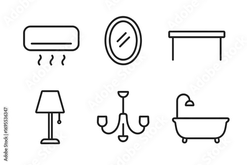 Interior outline icon set. Home furniture and appliance symbols. Minimalist line art vector graphics of air conditioner, mirror, table, lamp, chandelier, and bathtub for web.