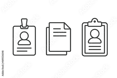 Employee badge, documents, and clipboard outline icons. ID card, resume, and CV linear pictogram collection. Minimalist vector icon set for web and app design. Editable stroke.