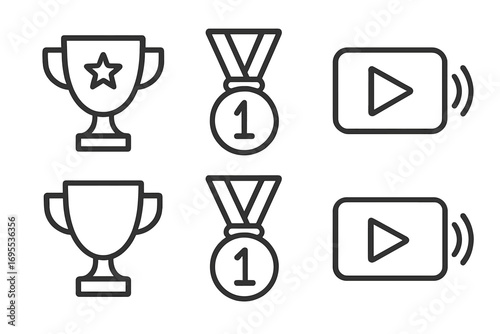 Minimalist sports icon set with trophy awards, gold medals, live streaming symbols, vector cartoon illustration, transparent background, ordered collection for sports and achievements