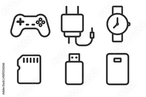 Technology vector icon set. Gadgets and electronics thin line icons. Gamepad, phone charger, watch, memory card, usb flash drive, mobile. Editable stroke for web and apps.