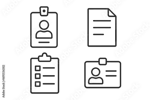 Employee badge and document linear icon set. ID card, clipboard checklist, and personal data file pictogram collection. Office identity, staff pass, and work task symbols.