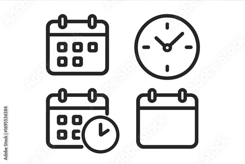 Minimalist time and date icons set for planning and scheduling with clock and calendar symbols, vector cartoon illustration on transparent background, organized icon set for time management