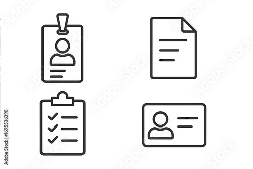 Employee badge, ID card, document, and clipboard icon set. Human resources and office concept. Personal data, cv, and resume linear icons. Checklist pictogram vector.