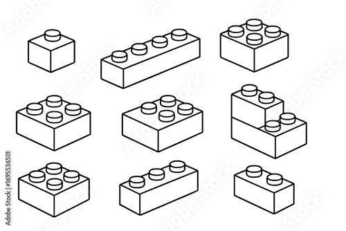 Building blocks isometric set. Linear collection of interlocking plastic toy bricks. Outline cartoon vector illustration. Kids constructor parts for creativity and play.