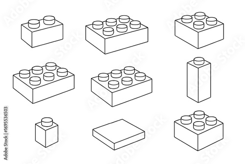 Building blocks linear collection. Outline designs of interlocking plastic bricks. Vector cartoon illustration set. Toy constructor for kids. Isometric construction elements.