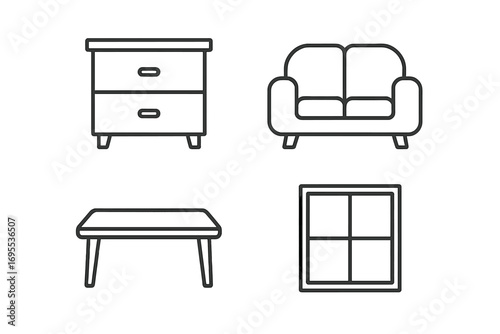 Furniture line icon set for interior design. Home decor elements like dresser, sofa, couch, table, and window. Minimalist outline symbols for web and app. Editable stroke vector.
