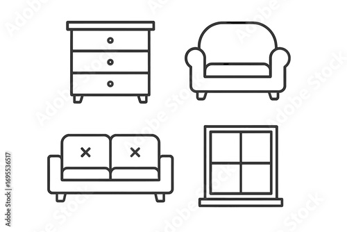 Furniture line icon set for interior design. Home decor outline symbols. Dresser, armchair, sofa, window pictogram collection. Editable stroke vector illustration for web, app.