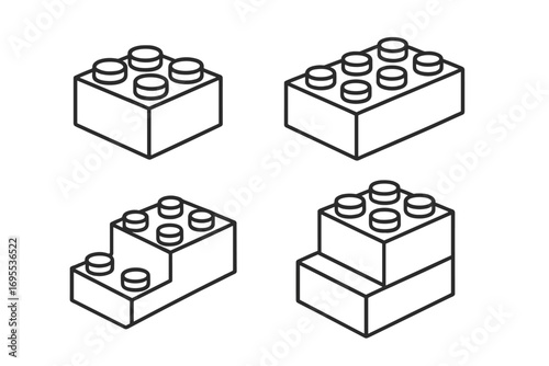 Building blocks outline icon set. Toy constructor bricks for kids. Interlocking plastic block collection. Concept of construction, development, structure, connection, system.