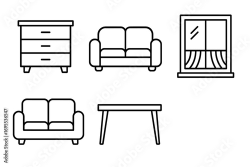 Furniture line icon collection. Modern set for interior design. Home decor outline symbols for living room. Linear pictograms of sofa, couch, table, dresser, window. Vector graphic.