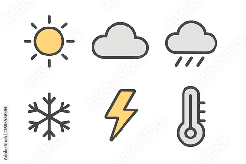 Minimalist Weather Icons Set with Sun, Cloud, Rain, Snowflake, Lightning, and Thermometer. Vector Cartoon Illustration Collection. Transparent Background, Modern Weather Symbols.