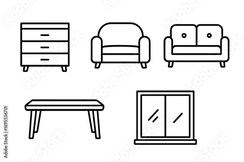 Furniture line icon set. Home interior outline symbols. Modern simple collection for web and apps. Vector linear illustration of sofa, couch, armchair, table, window, dresser.