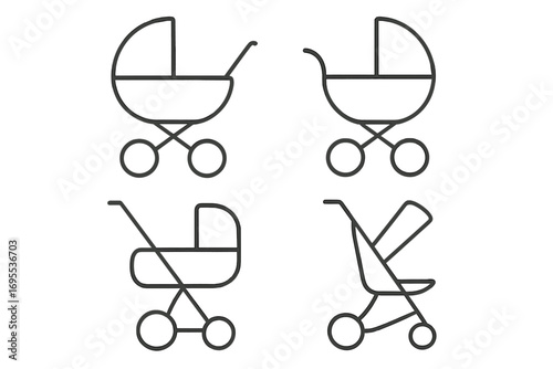 Minimalist baby carriages and strollers linear icon set. Vector pram, pushchair and buggy outline symbols. Newborn transport concept for baby shower. Simple childcare graphic.