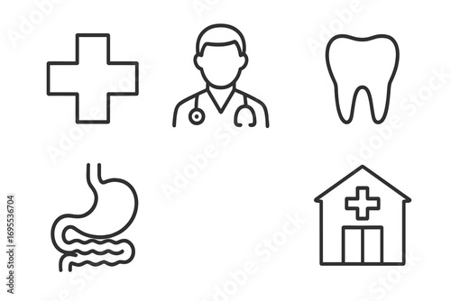 Medical line icon set. Doctor, dentist tooth, stomach, hospital clinic, and cross symbols. Healthcare pictogram collection. Minimal vector icons with editable stroke for web.