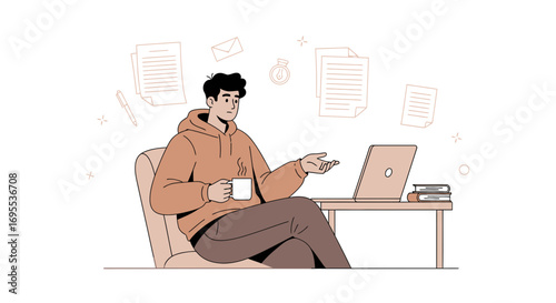 Freelancer Contemplating Work And Coffee, Surrounded by Tasks Against a White Backdrop Setting
