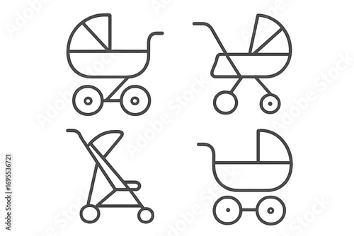 Set of baby stroller and carriage line icons. Vector pram, buggy, pushchair symbols. Minimalist illustration for newborn, child care, motherhood, and baby shower design elements.