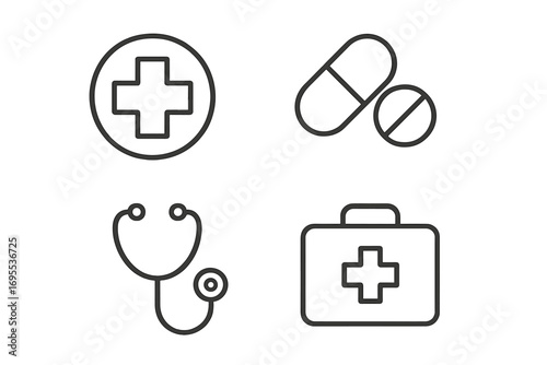 Health care line icon collection. Medical outline symbols for medicine, pharmacy, hospital. Simple vector illustration for web, app, graphic design. Stethoscope, pills, first aid kit.