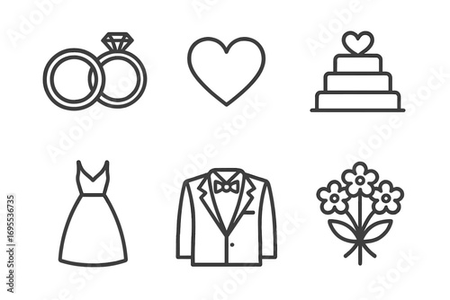 Minimalist wedding icon set with wedding rings, heart symbol, tiered cake, bridal dress, groom tuxedo, bouquet of flowers, vector cartoon illustration for marriage design