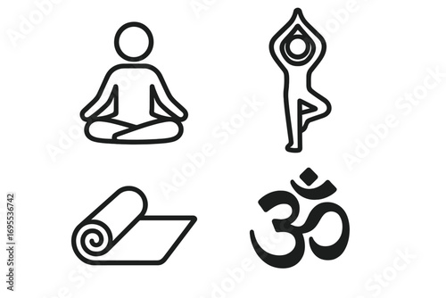 Minimalist Yoga and Meditation Icon Set with Yoga Mat, Meditation Pose, Om Symbol, and Tree Pose Silhouettes, Vector Cartoon Illustration on Transparent Background, Ordered Icon Set