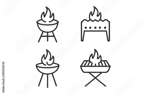Minimalist bbq grill icons set. Line art designs of fire pits and barbecues. Vector illustration for outdoor cooking, picnic, camping. Summer party food concept graphics.
