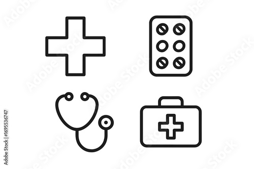 Health care medical line icon set. Medicine and pharmacy symbols. Outline collection for web, app, design. Vector icons of medical cross, pills, stethoscope, first aid kit.