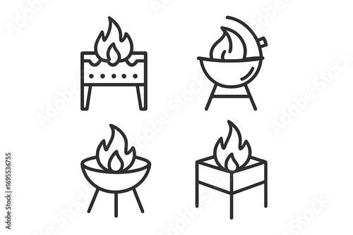 BBQ grill icons set. Minimalist line art designs of fire pits, barbecues, and braziers. Vector symbols for outdoor cooking, summer picnic party, and camping. Simple outline pictograms.