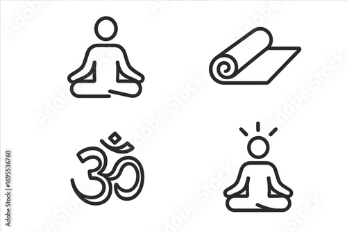 Minimalist yoga meditation icon set with yoga mat rolled mat and om symbol, calm mindfulness, relaxation, spiritual practice vector cartoon illustration, transparent background, ordered set