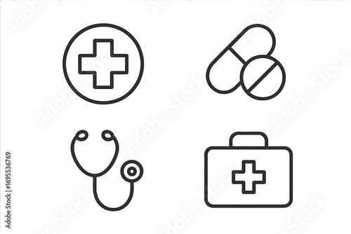 Health care linear icon set. Medicine and pharmacy outline pictogram collection. Simple vector symbols for UI design. Medical cross, stethoscope, pills, and first aid case.