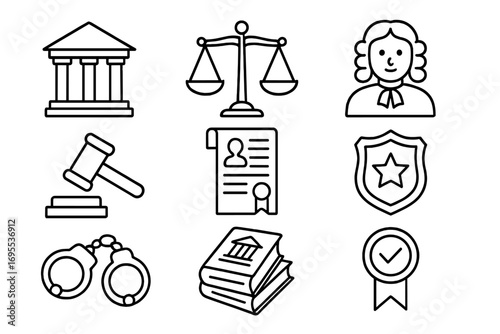Law and justice line icon set. Legal symbols and concepts collection. Courthouse, gavel, judge, police and crime elements. Vector outline illustration for court, law firm, lawyer.