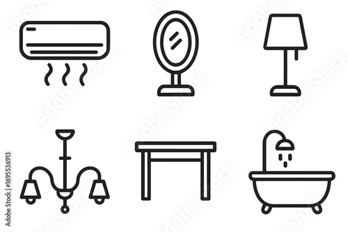 Interior design line icon set. Furniture and home appliance collection. Vector icons of lamp, table, mirror, bath, chandelier, air conditioner for web, app, UI design.