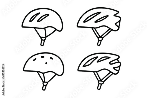 Bicycle helmet line art icon set. Minimalist bike safety gear collection. Cycling sport protection equipment concept. Vector illustration simple outline for graphic design.